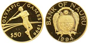 Nauru, Olympic Games, Gold, $ 50, 8g, 1994, obv. coat of Arms of the state, rev. athlete t