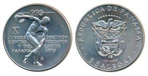 Panama, Silver 5 Balboas, 35.7g, 1970, 11th Central American and Caribbean Games, rev., Di