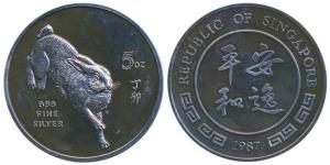 Singapore, Silver 5 Ounce, .999 Fine, Year of the Rabbit 1987. Nice blue and red toning, N