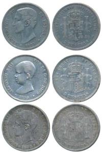 Spain, Alphonso XII and Alphonso XIII, Silver 5 Pesetas (3), 25g, 1875, 1890 and 1898 (KM 
