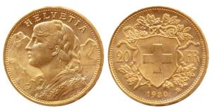 Switzerland, Gold 20 Francs, 6.6g, 1930B (KM 35.1). About Uncirculated.