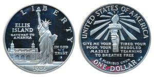 United States of America, Silver $ (Dollar), 26.69g, Elllis Island with statue of Liberty 