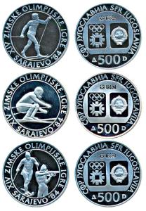 Yugoslovia, Sarajevo Winter Olympics, Silver 500 Dinara (3), 23g each, 1982 Downhill Skiin