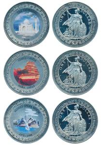 Silver Dollar (3), each 28g, Coloured coins each with the Taj Mahal 1648; Sydney Opera Hou