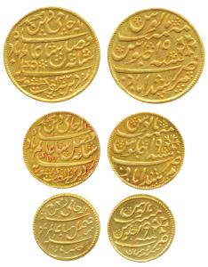 Murshidabad Token set of 3, Gold Mohur, ½ and ¼ Mohur weight, 11.59g, 6.15g and 4.4g, in s