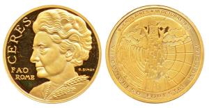 Indira Gandhi, FAO, Gold ’Ceres’ Medal, 3.1g (1/10th ounce), obv. bust of Indira Gandhi, r