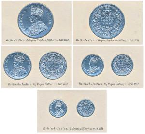 Numismatic theme, Cigarette Cards, a set of 4, Silver series of King George V, Rupee, ½, ¼