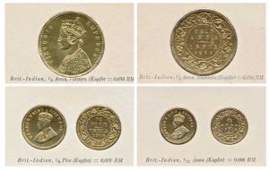 Numismatic theme, Cigarette Cards, Copper ½ Anna, 1877 Queen Victoria, Copper ½ Pice and 1