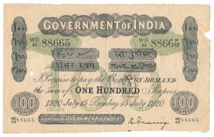 Government of India, Uniface, Rupees 100, green under print, Bombay circle, signed H. Denn