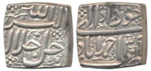 Akbar, Silver Square Rupee, 11.38g, Ahmedabad Mint, Ilahi type, Month Khurdad, Year 39 (KM