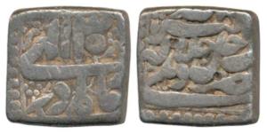 Akbar, Silver Square Rupee, 11.2g, Delhi Mint, Ilahi type, Month Azar, Year 35 (KM 88.2). 