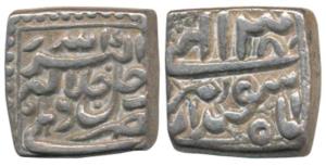 Akbar, Silver Square Rupee, 11.34g, Delhi Mint, Ilahi type, Month Isfandarmuz, Year 38 (KM