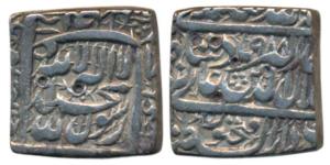 Akbar, Silver Square Rupee, 11.25g, Dar us-Saltanat Fathpur Mint, AH 988, Kalima type, (KM