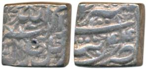 Akbar, Silver Square Rupee, 11.27g, Tatta Mint, Ilahi type, Month Tir, Year 44 (KM 88.7). 