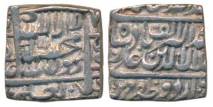 Akbar, Silver Square Rupee, 11.13g, Urdu Zafar Qarin Mint, AH 1000, Kalima type, complete 