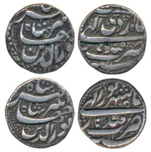 Jahangir, Silver Rupee (2), 11.24g, 10.81g, Qandahar Mint, Month Di, RY 8; Month Shahrewar