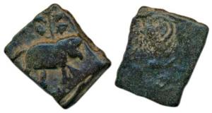 Satavahanas, Copper Unit, 4.57g, obv. elephant walking to right with tree above, rev. whee
