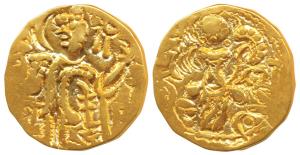 Kidara Kushanas, Shaka (c. 320-350 AD), Base Gold Dinar, 7.8g, obv. king standing right wi