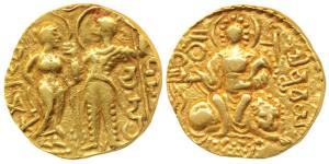 Guptas, Samudragupta, Gold Dinar, 7.60g, King and Queen type, issued in memory of his pare