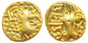Karkotakas of Kashmir, Vigrahapala (5th century AD), Base Gold Dinara, 7.18g, obv. seated 