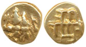 Keladi Nayakas of Ikkeri, Sadashiva Nayaka (1543-65-1570), Gold Fanam, 0.36g, obv. Shiva-P