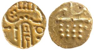 Marathas of Tanjavore, Venkoji, Gold Fanam, 0.39g, ’Kali’ design with letter ’Ve’ on obv.,