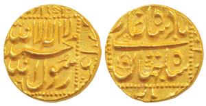 Shah Jahan, Gold Mohur, 11g, Burhanpur Mint, AH (105)6, mint name at bottom on rev., legen