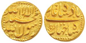Shah Jahan, Gold Mohur, 11.01g, mint name off flan, AH (1)057, legend within dotted square