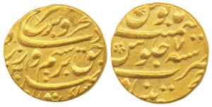 Farrukhsiyar, Gold Mohur, 10.98g, Khujista Bunyad Mint, AH (11)30/7, (KM 390.19). About Ex