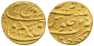 Farrukhsiyar, Gold Mohur, 11.04g, Dar-ul-Fateh Ujjain Mint, RY 7 (KM.390.34). About Extrem