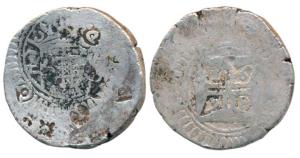 Goa, Peter II, Silver Double or 2 Xerafim, 20.68g, 1698 AD, obv. crowned arms divide GA wi