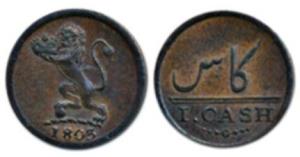 Copper Cash, 1803, Lion holding a crown to left on obv., Value in English and Persian on r