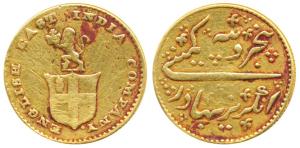 Gold Rupees 5 or 1/3 Mohur, 3.8g, company arms with a lion holding the crown on obv., No D