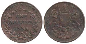 Copper ¼ Anna, 1835, Bombay Mint, 30 Berries (15 L+15 R), large loops to the ribbon bow, s