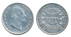 William IV, Silver ½ Rupee, Calcutta Mint, Dug out F incuse, 20 berries (Prid 69). Very Fi
