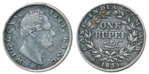 William IV, Silver Rupee, 1835, Calcutta Mint, Dug out F incuse, A / III, Bud leaves, 19 B
