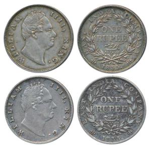 William IV, Silver Rupee, Calcutta Mint, F raised, A / I, Two leaves, 19 berries, (Prid 37