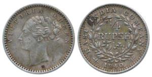 Victoria Queen, Silver ¼ Rupee, 1840, Continuous Legend, Madras Mint, English Head, S incu