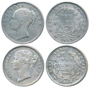 Victoria Queen, Silver Rupee, 1840, Continuous legend & Divided Legend. The first with a d