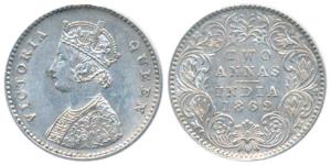 Victoria Queen, Silver 2 Annas, 1862, Calcutta Mint, No Mint mark, top three petals of the