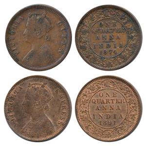 Victoria Queen, Copper ¼ Anna (2), 1874 and 1891. Very Fine and Extremely Fine. (2)