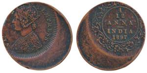Victoria Empress, Copper 1/12 Anna, Error, 35% off-center on obv. and rev., 1897. Extremel