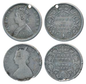 Victoria Queen and Empress, Silver ½ Rupee (2), 1874, Bombay Mint, B2 / II / dot, (Prid 28