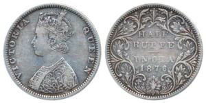 Victoria Queen, Silver ½ Rupee, 1876, Bombay Mint, B2 / II / dot, (Prid 287). Very Fine, R