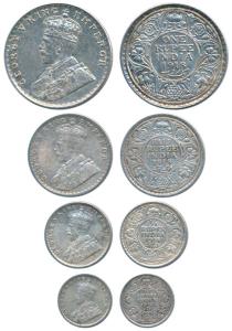 George V, set of 4, Silver Rupee, ½ and ¼, 1918; Silver 2 Annas, 1914. Very Fine+. (4)