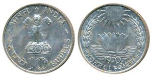 Silver Rupees 10, 1970, Bombay Mint, Food for All (KM 186). Uncirculated.