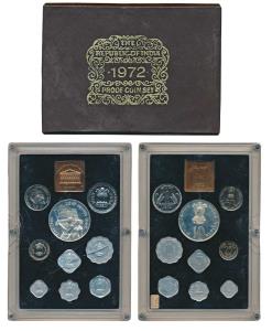 1972 Proof Set, 25th Anniversary Indian Independence, set of 9, 1 Paisa to Rupees 10. In n
