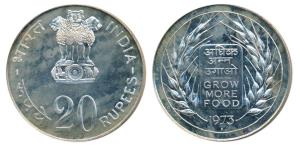 Silver Rupees 20, 1973, Grow More Food, Bombay Mint (KM 240). Uncirculated.