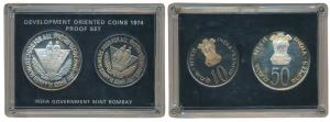 1974 Proof Set, Planned Families Food For All, set of 2, Rupees 10 and 50. In plastic casi