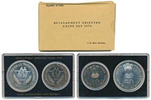 1974 Uncirculated Set, Planned Families Food For All, set of 2, Rupees 10 and 50. In near 